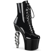 Pleaser IRONGRIP-1020 Black Patent 7 Inch Brass Knuckle Heel, 3 1/4 Inch Platform Lace-Up Boot, Side Zip
